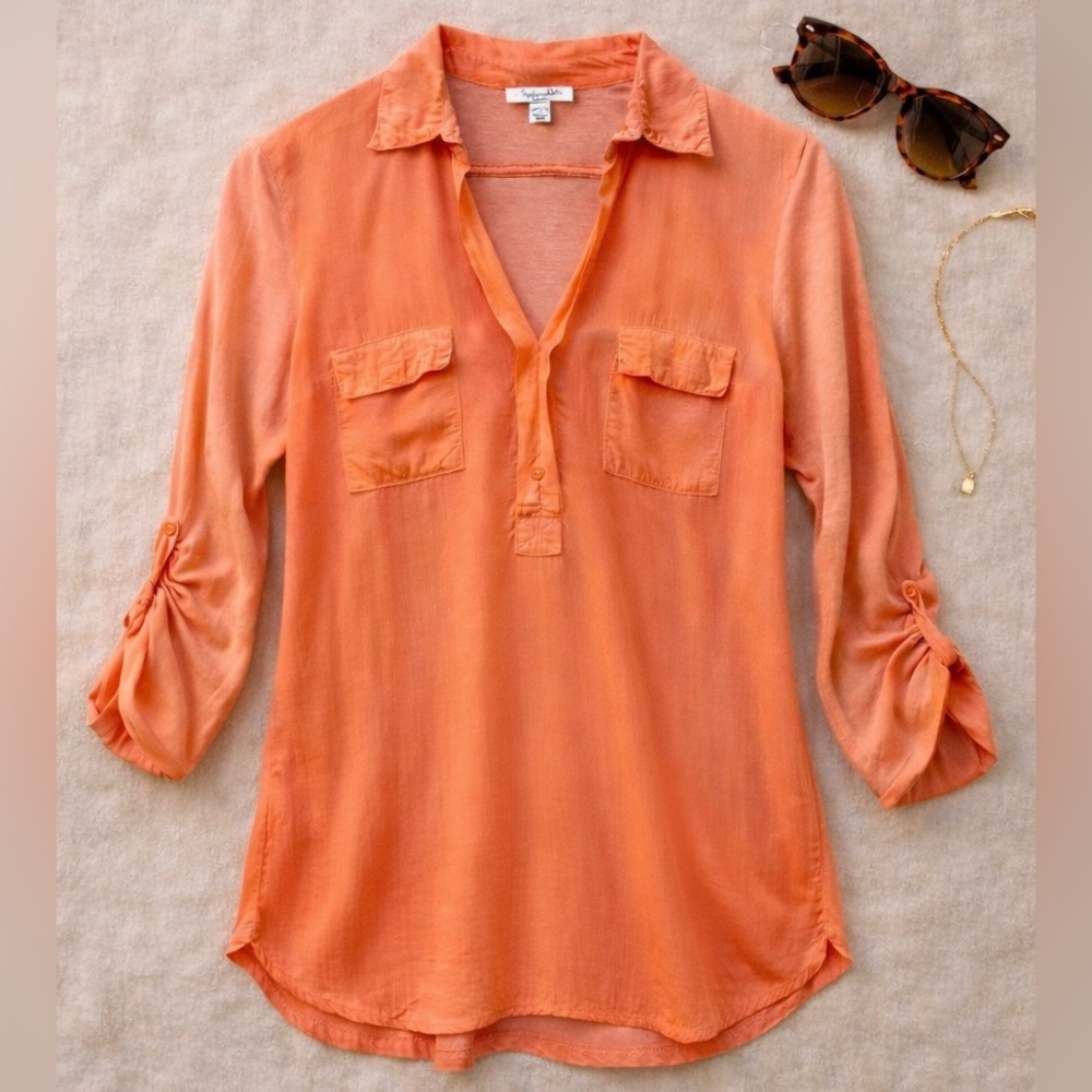 Splendid Henley Tunic Two Tone Top in Coral - XS